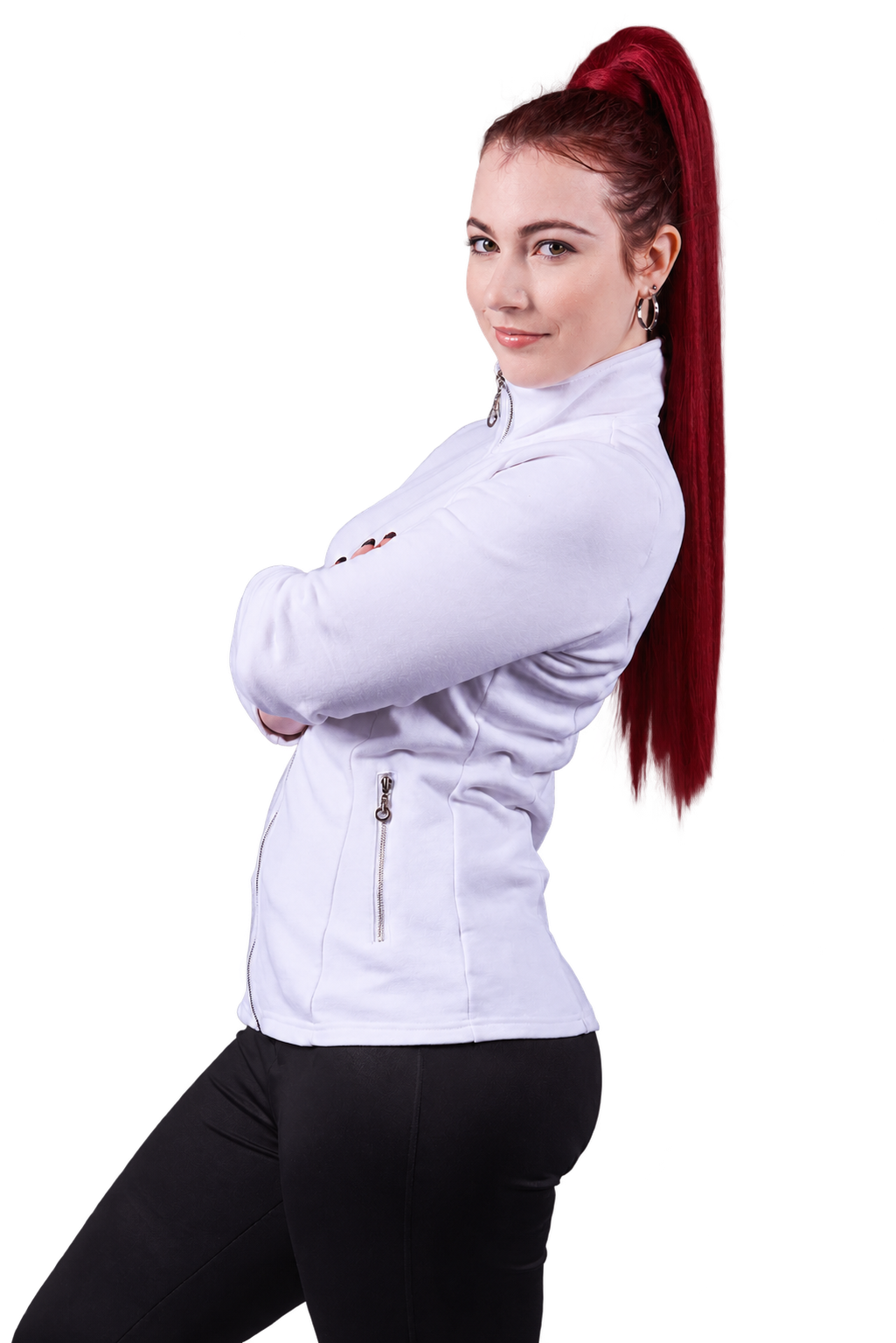 Sarah Marilyn in a white shirt, arms folded